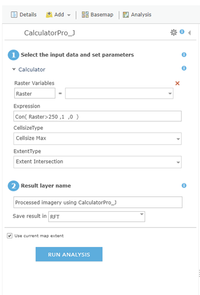 Raster function parameters dialog box